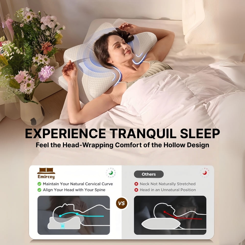 Woman lying in bed with a neck pillow, surrounded by flowers, with text about tranquil sleep and product features.