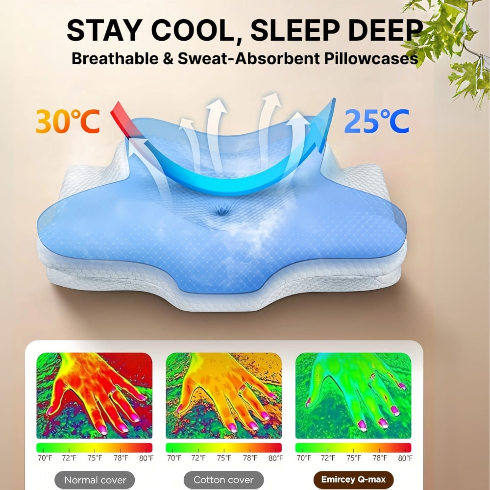 Blue pillowcase with temperature difference illustration and color change comparison on a beige background