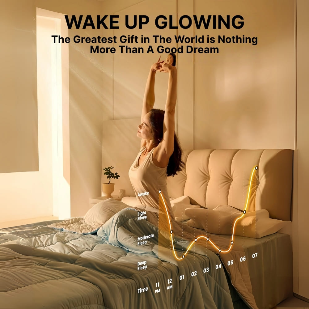 Woman waking up in a bedroom with text about sleep stages and a quote.