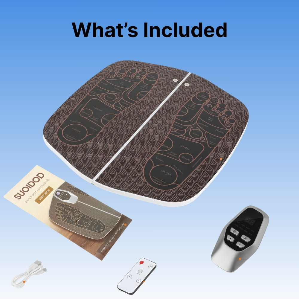 Heating pad with remote control and accessories on a blue background