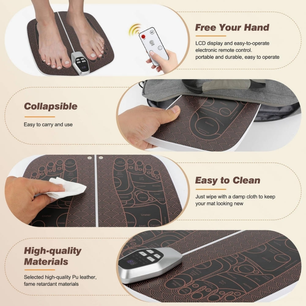Massage mat with remote control, features highlighted on a beige background