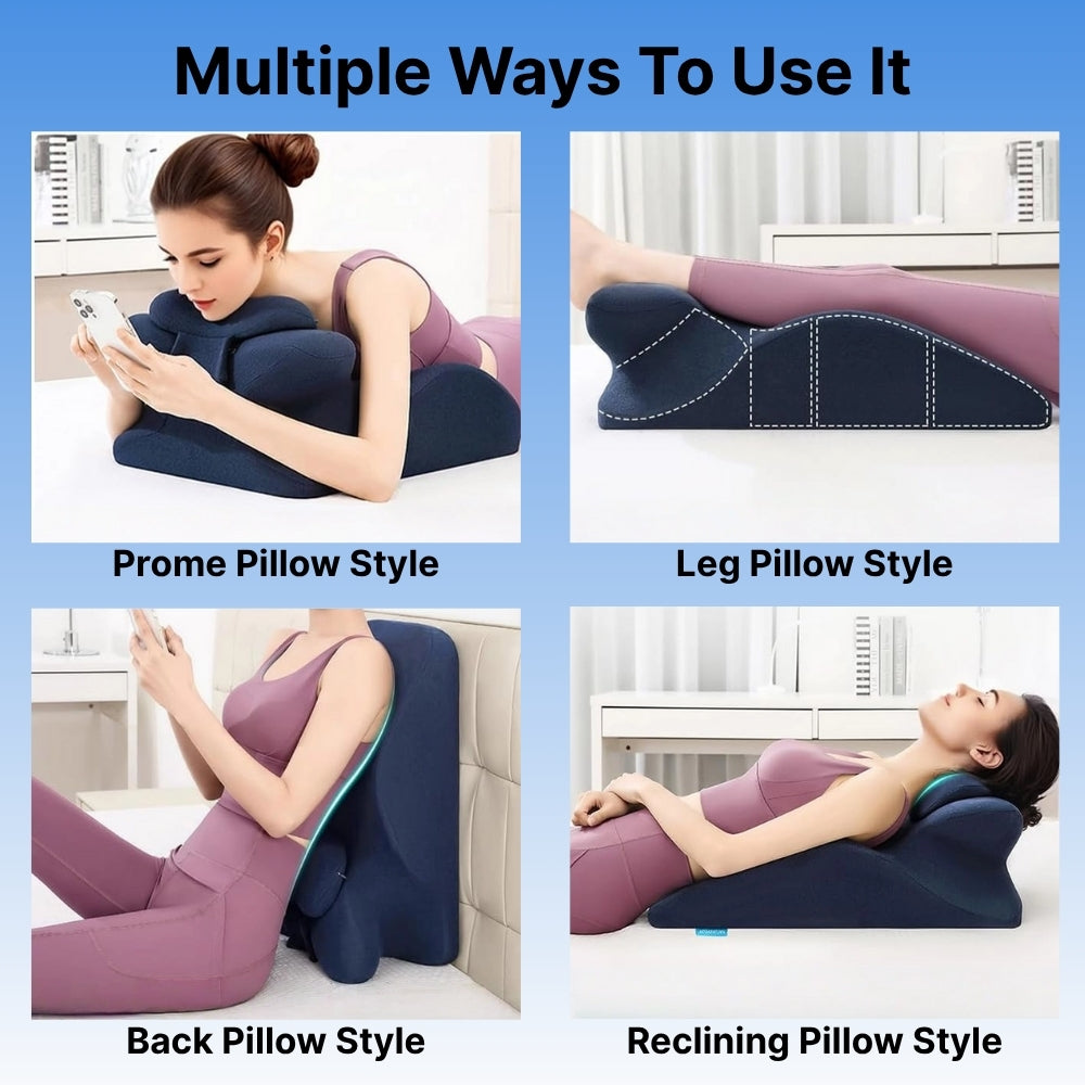 Multifunctional pillow with various usage styles on a blue background