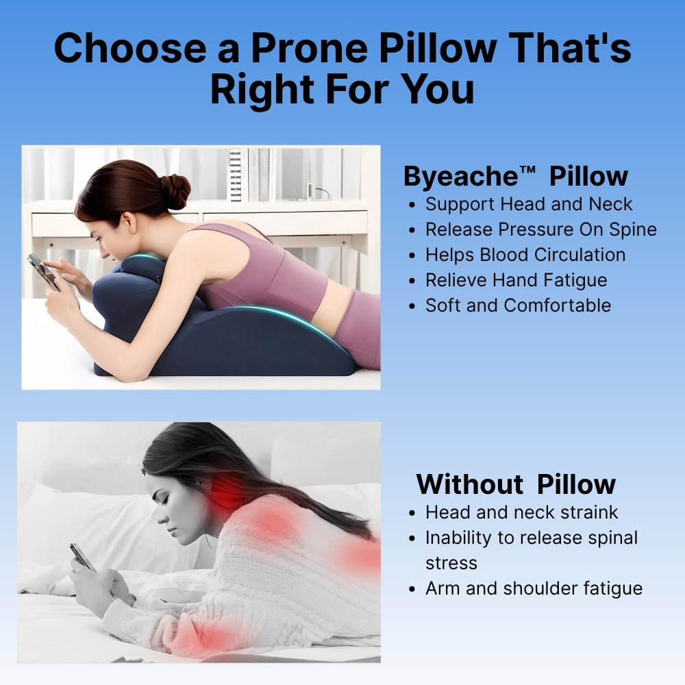 Advertisement for a prone pillow with a woman using it and another showing discomfort without a pillow.