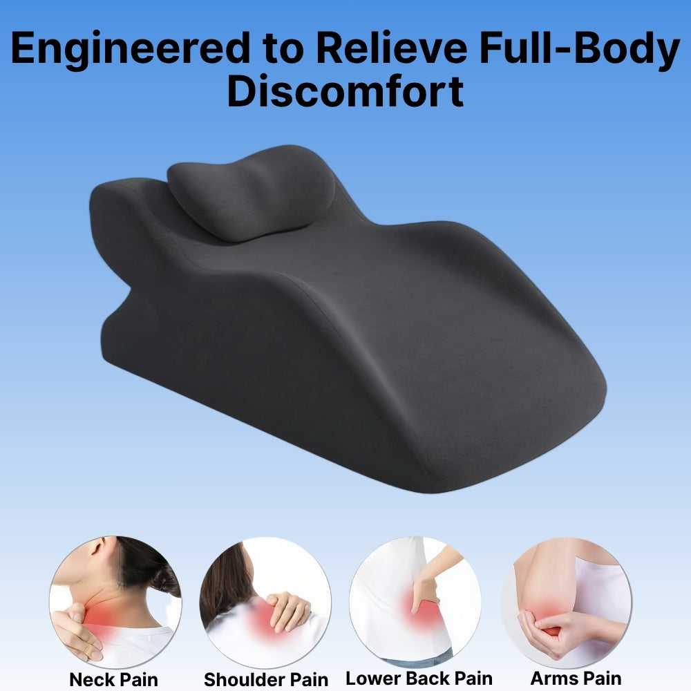 Black ergonomic cushion designed to relieve various body pains on a blue background
