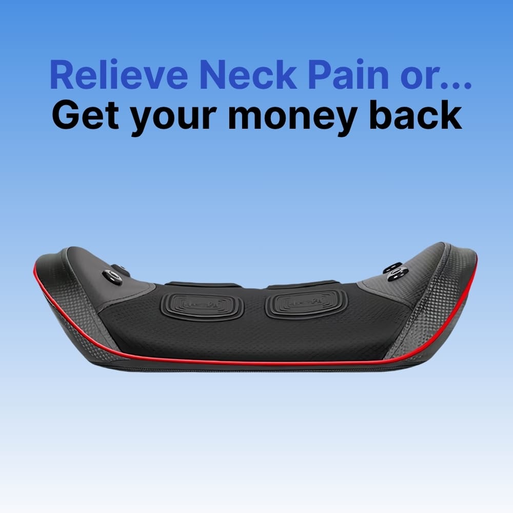 Neck pain relief device with promotional text on a blue background