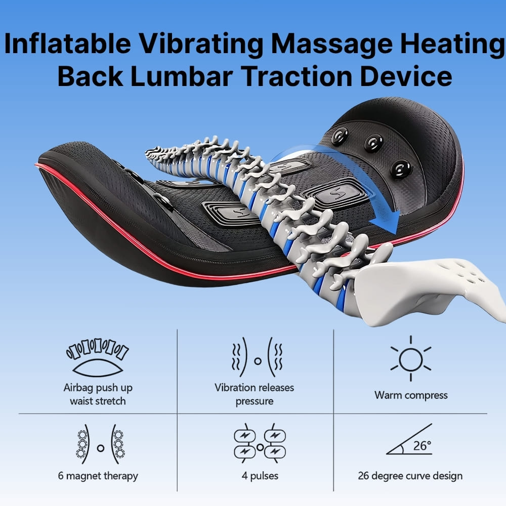 Inflatable vibrating massage heating back lumbar traction device with features listed on a blue background