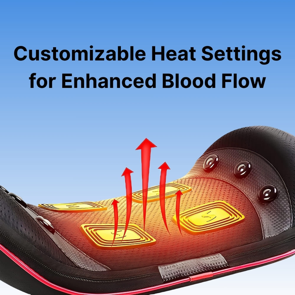 Product with customizable heat settings for enhanced blood flow on a blue background