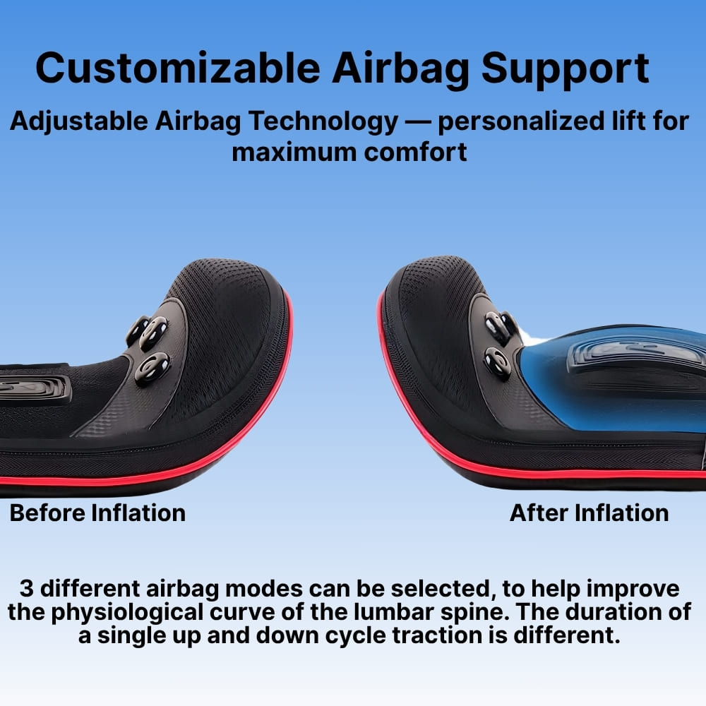 Adjustable airbag support system showing before and after inflation on a blue background.