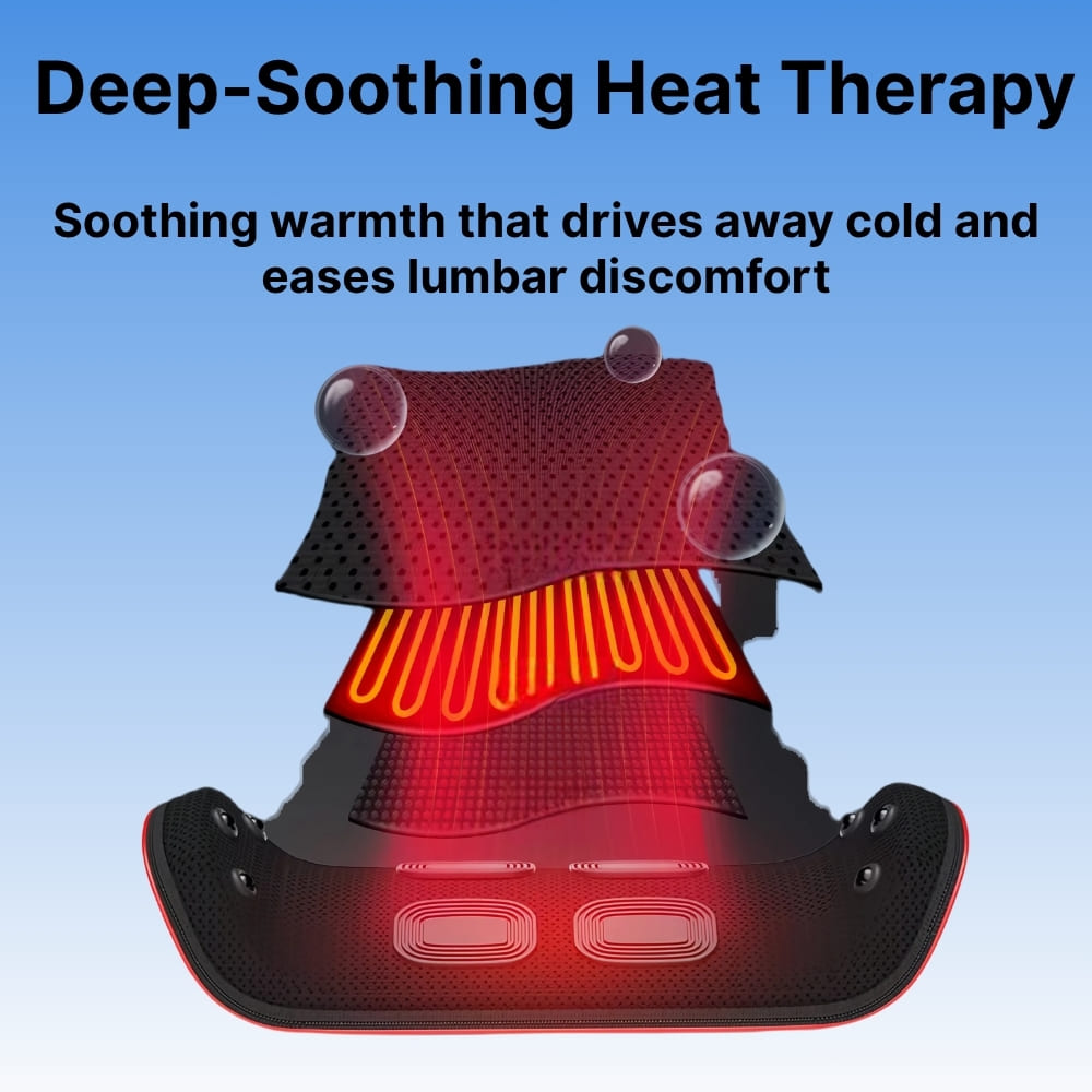 Back heating pad with red glow on a blue background, labeled 'Deep-Soothing Heat Therapy'.