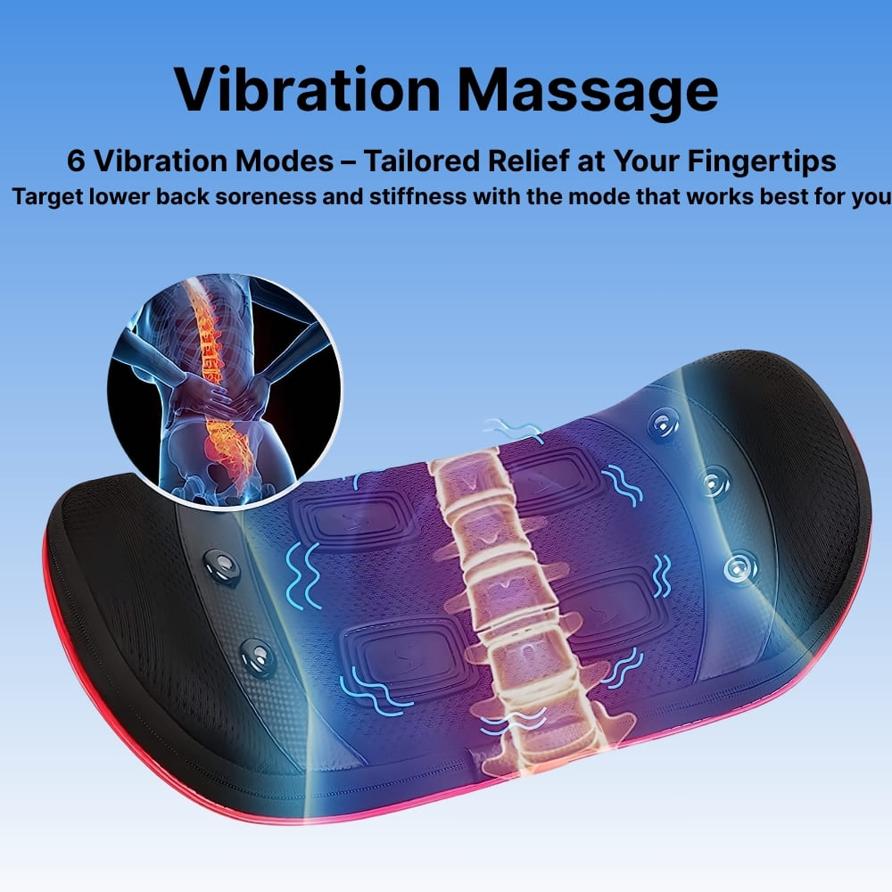 Vibration massage device with spinal illustration and text about vibration modes on a blue background