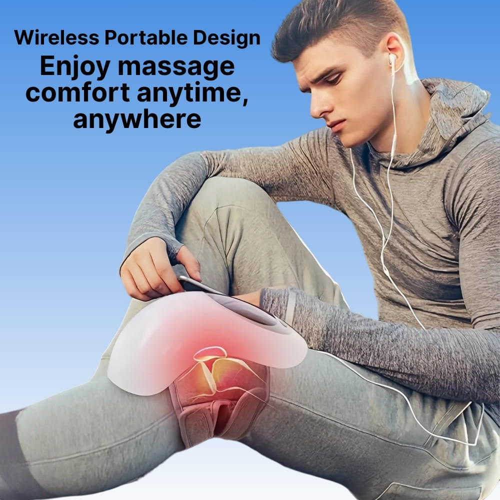 Person using a wireless portable massage device on their knee with text about comfort and portability.