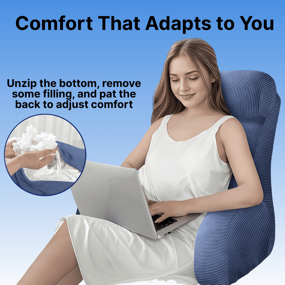 Woman using a laptop on a blue adjustable chair with text about adjusting comfort.