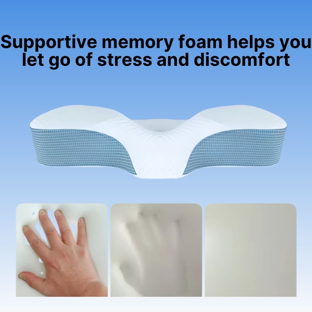 Memory foam pillow with text on a blue background