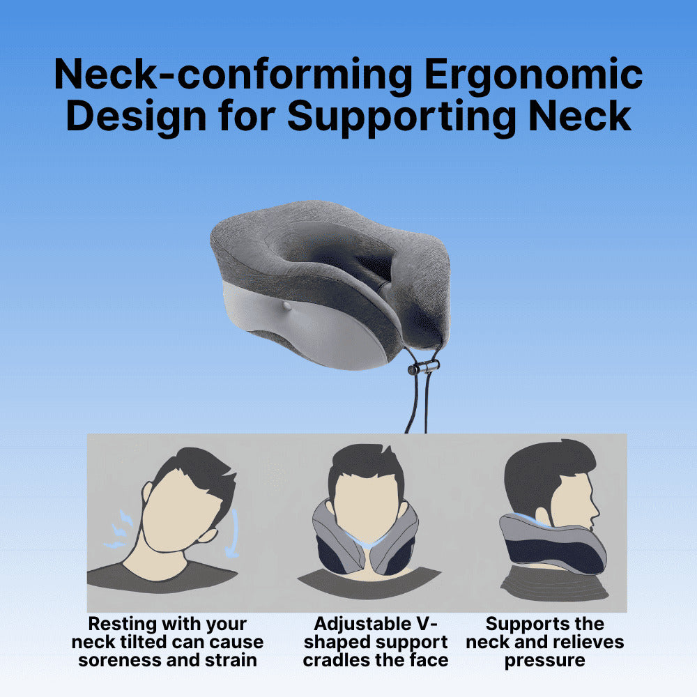 Neck pillow with ergonomic design on a blue background