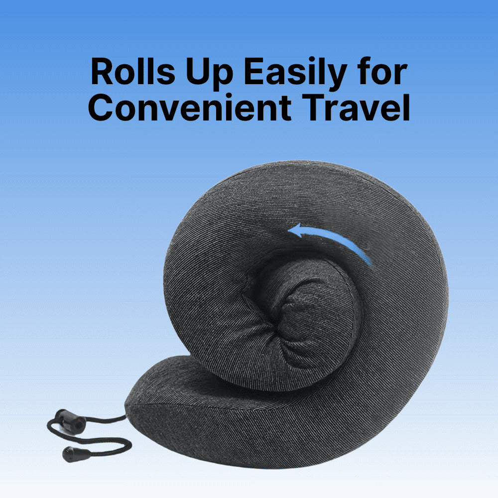 Gray travel pillow rolled up with text 'Rolls Up Easily for Convenient Travel' on a blue background