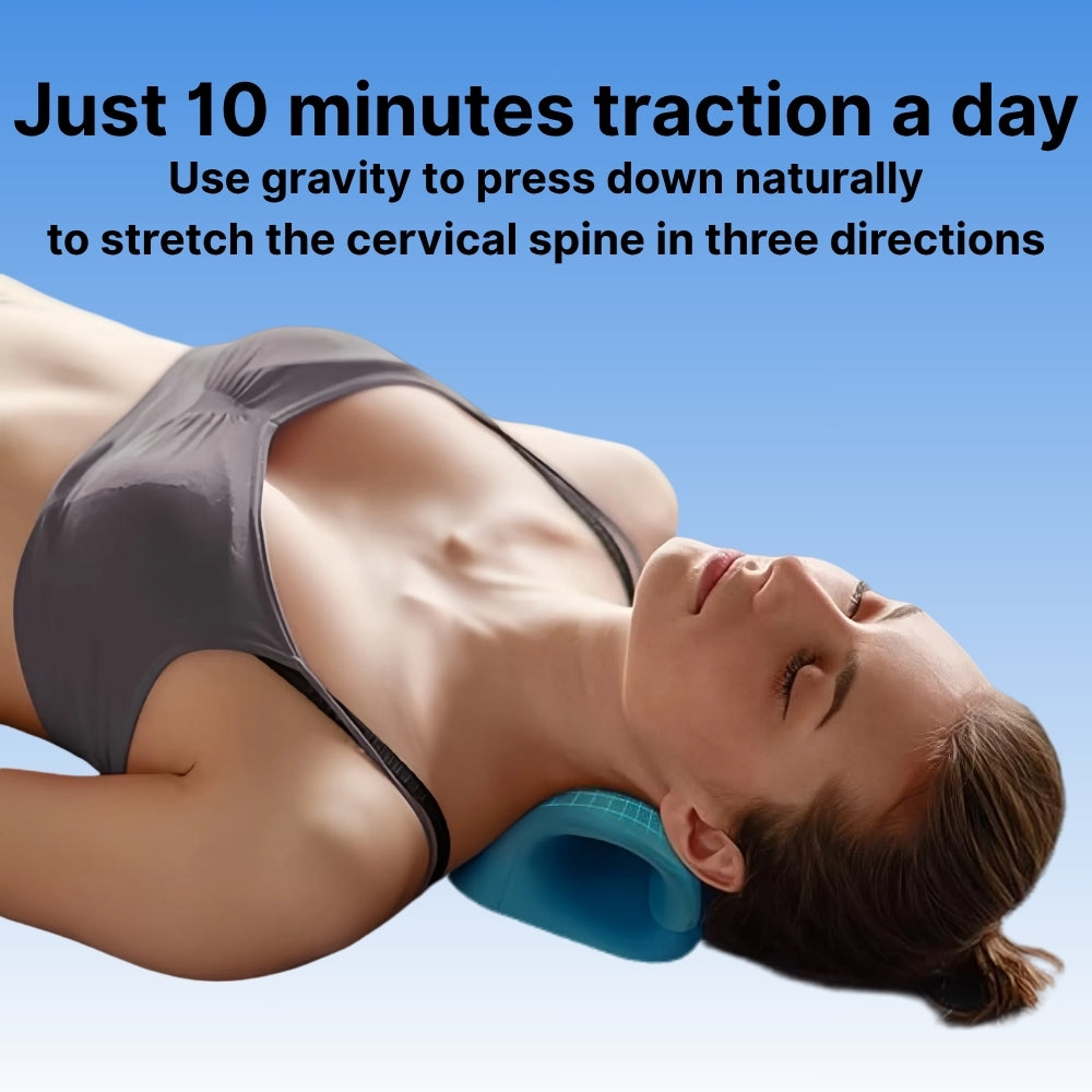 Woman using a cervical traction device with text about daily traction benefits on a blue background