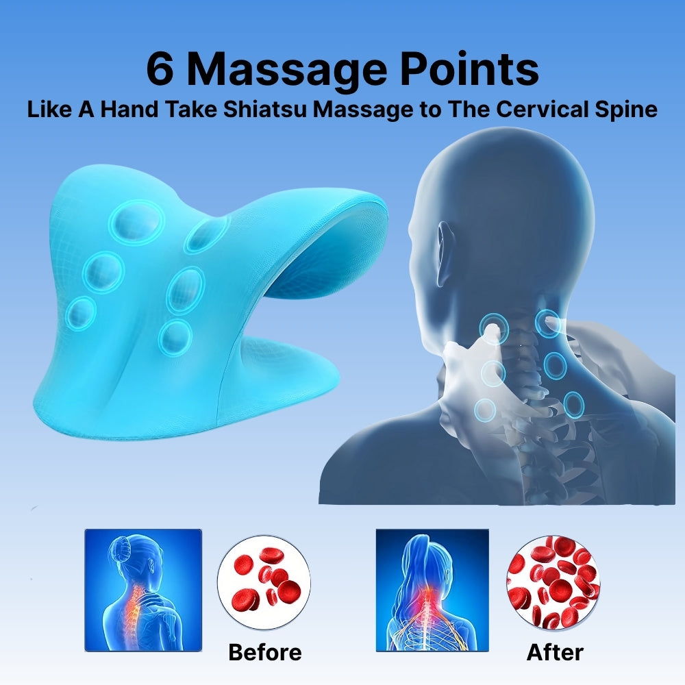 Blue cervical massage device with a human silhouette and before-after illustrations on a blue background