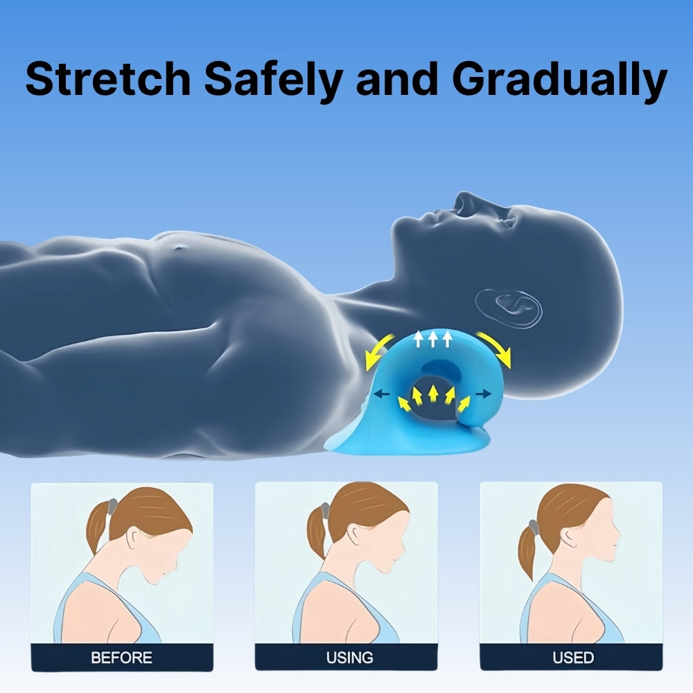 Illustration of a neck device with text 'Stretch Safely and Gradually' on a blue background.
