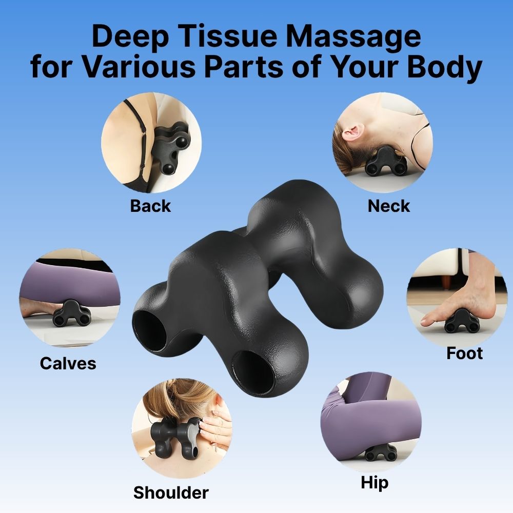 Black massage tool with images of its use on different parts of the body on a blue background.