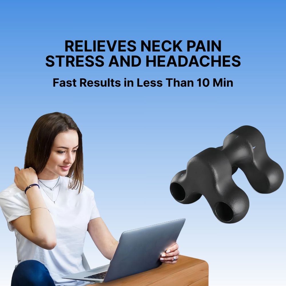 Woman using a neck pain relief device with text on a blue background