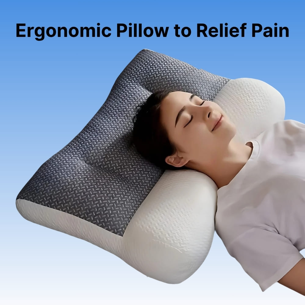 Ergonomic pillow being used by a person with a blue background and text 'Ergonomic Pillow to Relief Pain'.