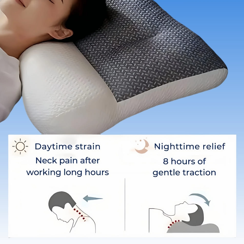Person using a neck pillow with text about daytime strain and nighttime relief.