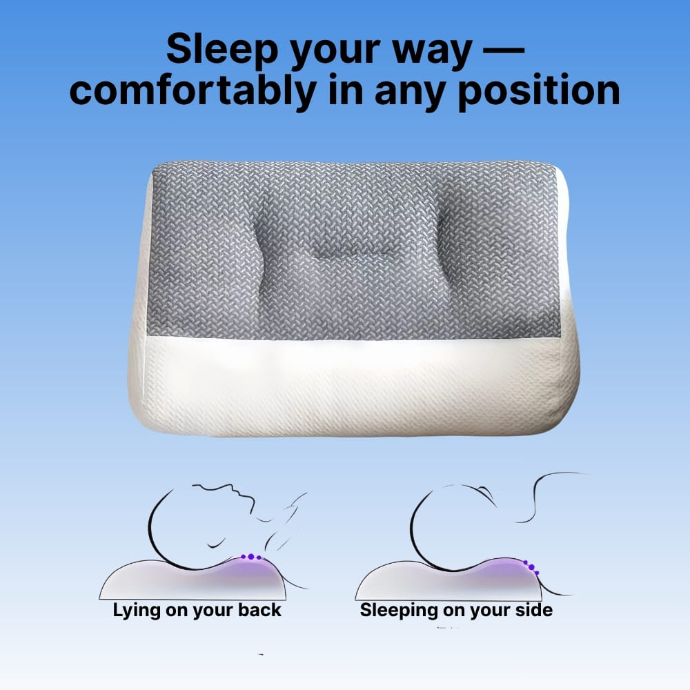 Cervical pillow with text 'Sleep your way comfortably in any position' on a blue background