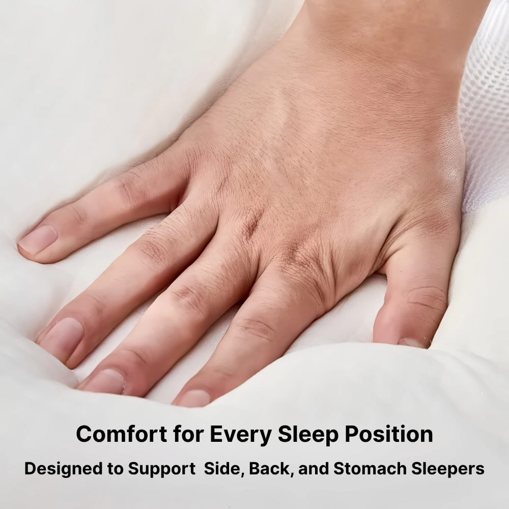 Hand resting on a white pillow with text 'Comfort for Every Sleep Position' and 'Designed to Support Side, Back, and Stomach Sleepers'.