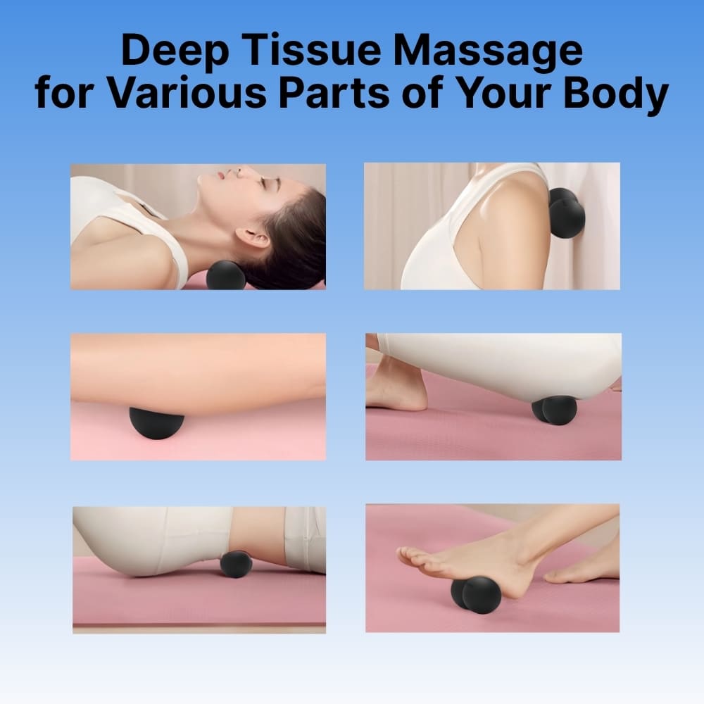 Deep tissue massage for various parts of the body with a roller tool on a blue background.
