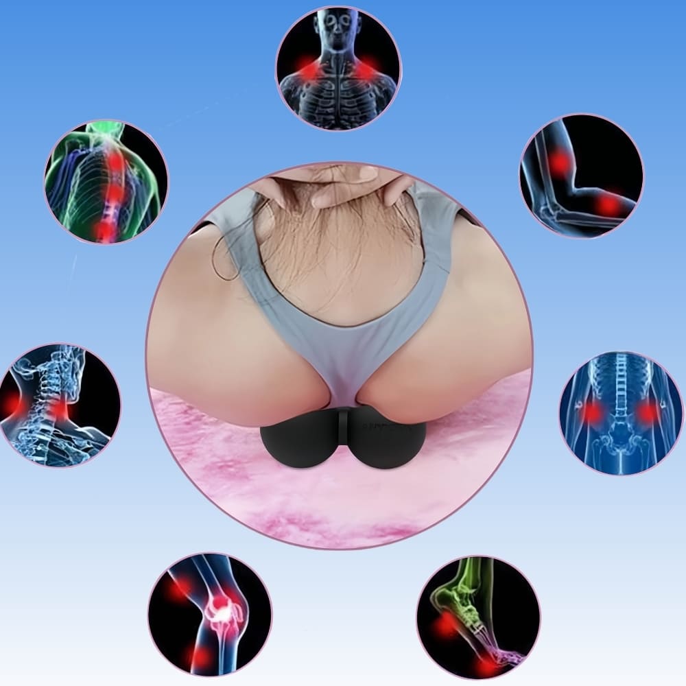 Product image with a focus on a back brace, surrounded by circular images of body parts with red highlights.