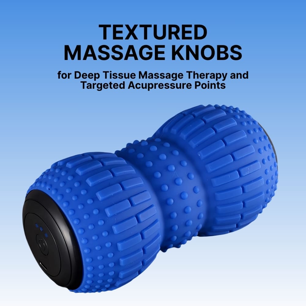Blue textured massage roller with text on a blue background