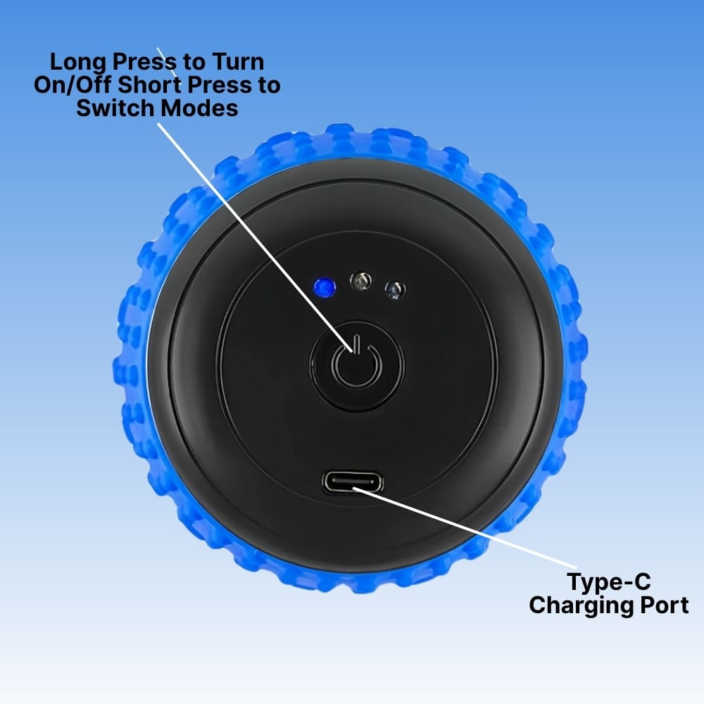 Top view of a device with a blue rim and black center, featuring a power symbol and Type-C charging port on a light blue background.