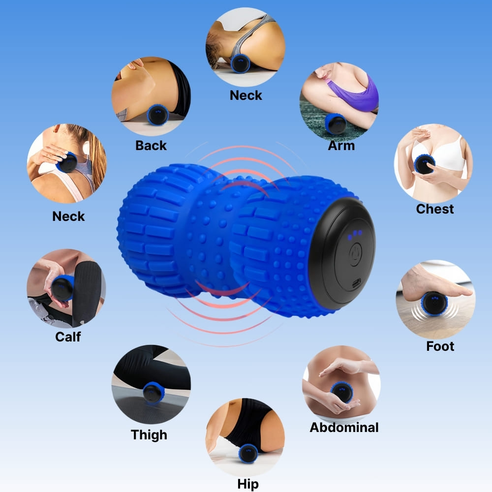 Blue massage roller ball with various application areas on a blue background