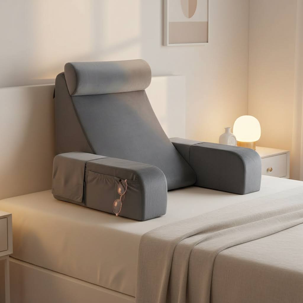 Byeache gray back pillow with headrest on bed for sitting up gaming reading watching TV