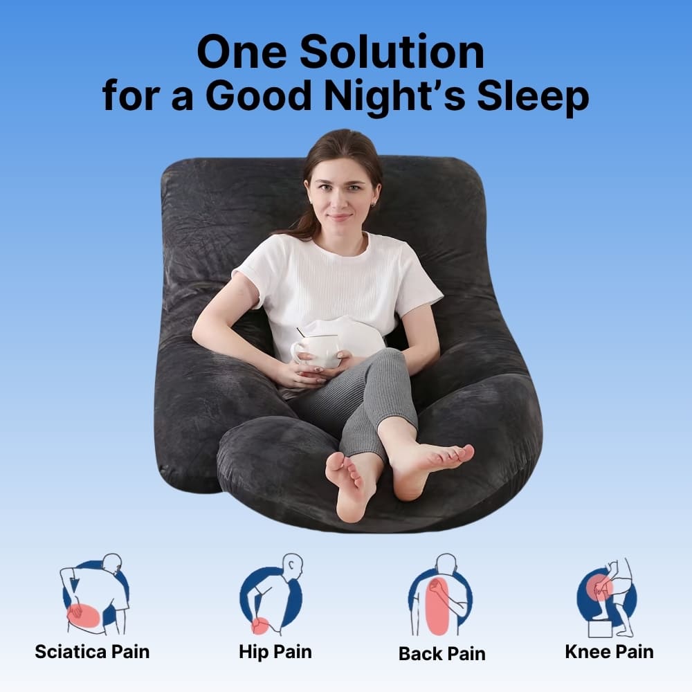 Woman sitting on a large bean bag chair with text 'One Solution for a Good Night's Sleep' and pain relief icons.