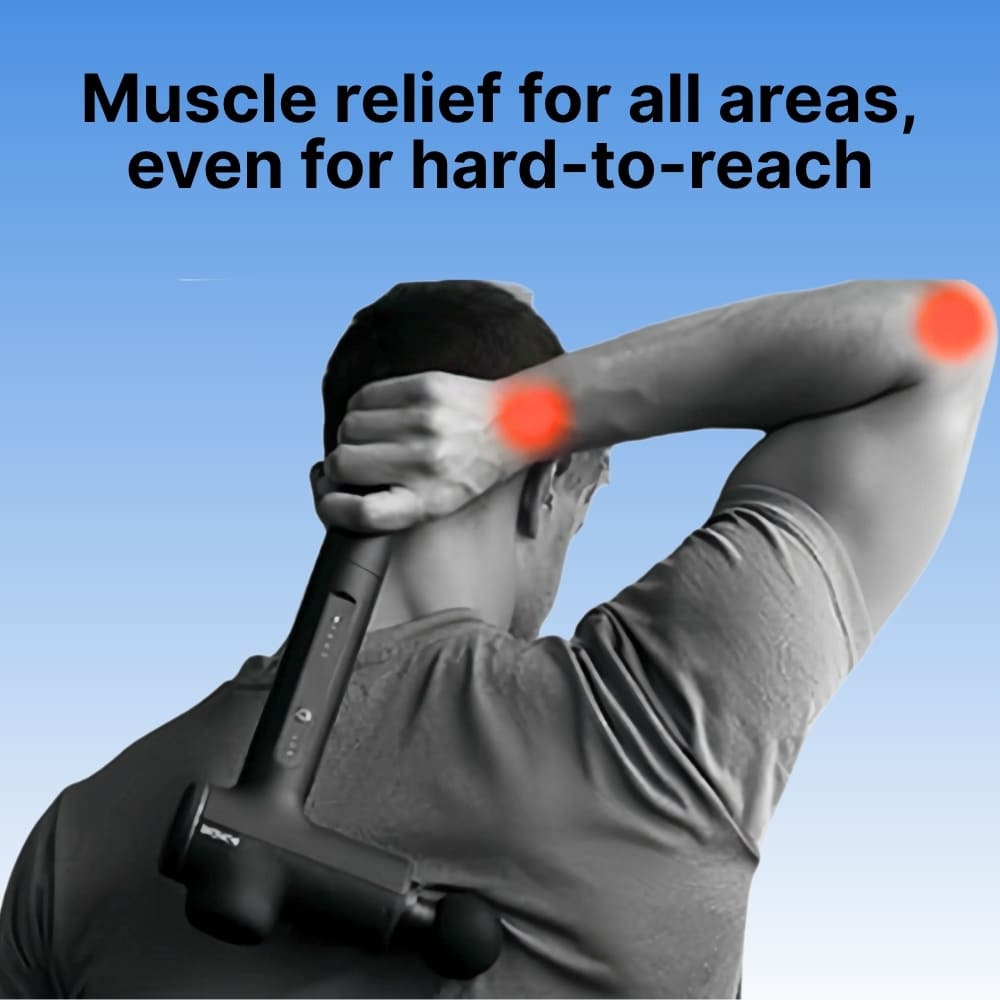 Person using a massage gun with text about muscle relief on a blue background