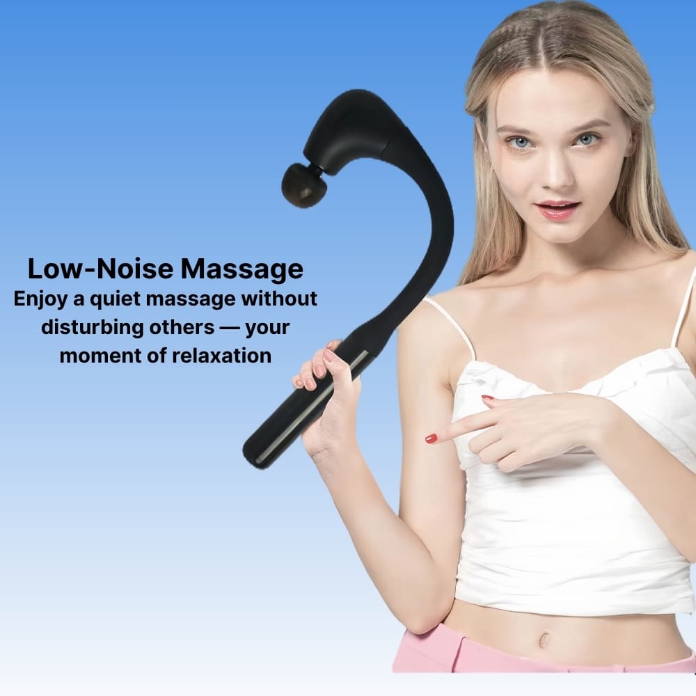 Woman holding a black massage tool with text about low-noise massage on a blue background