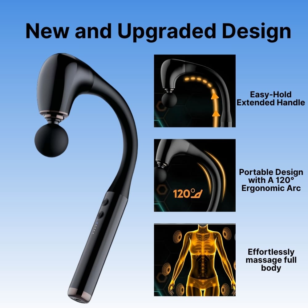 Black neck massager with features highlighted on a blue background