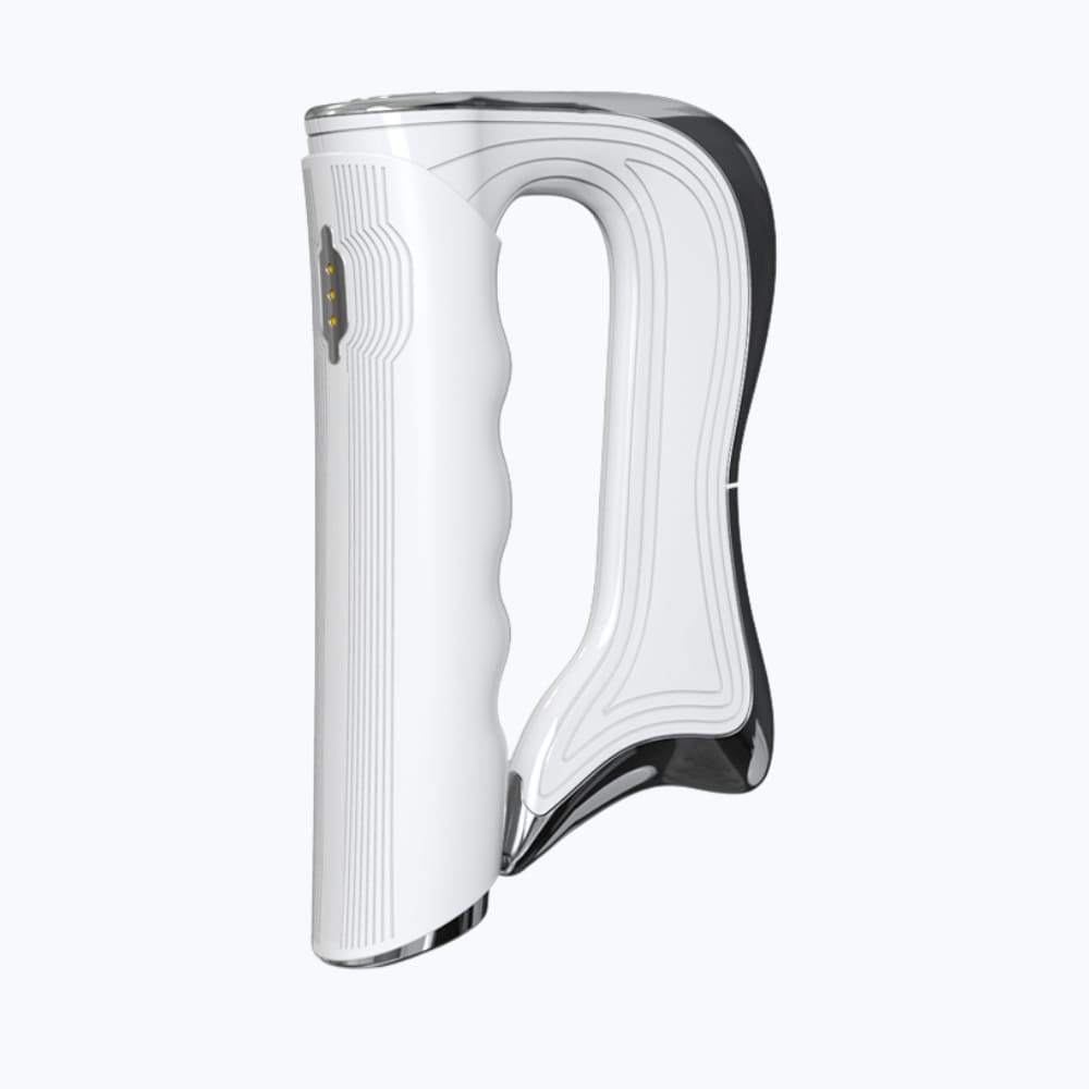 White handheld device with black accents on a white background