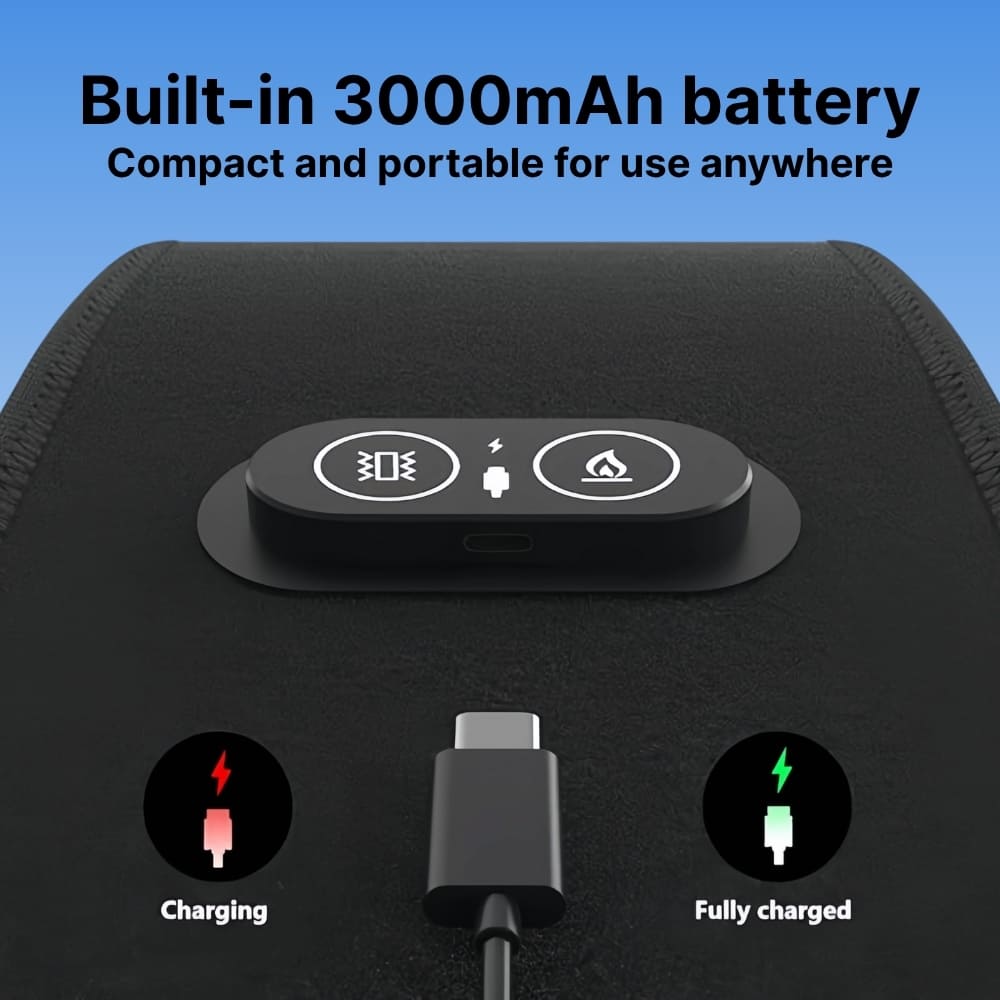 Black electronic device with charging cable and battery indicator on a blue background