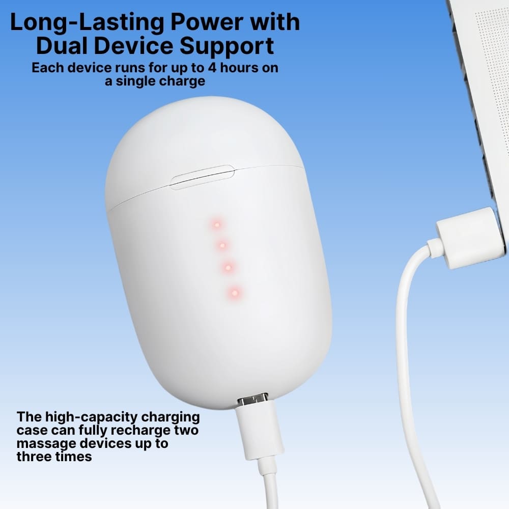 White charging case with text about long-lasting power and dual device support on a blue background