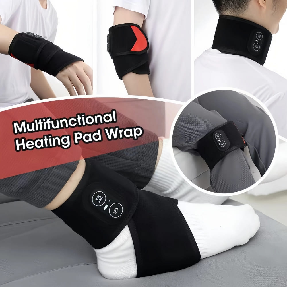 Multifunctional heating pad wrap being used on various parts of the body with visible control buttons.