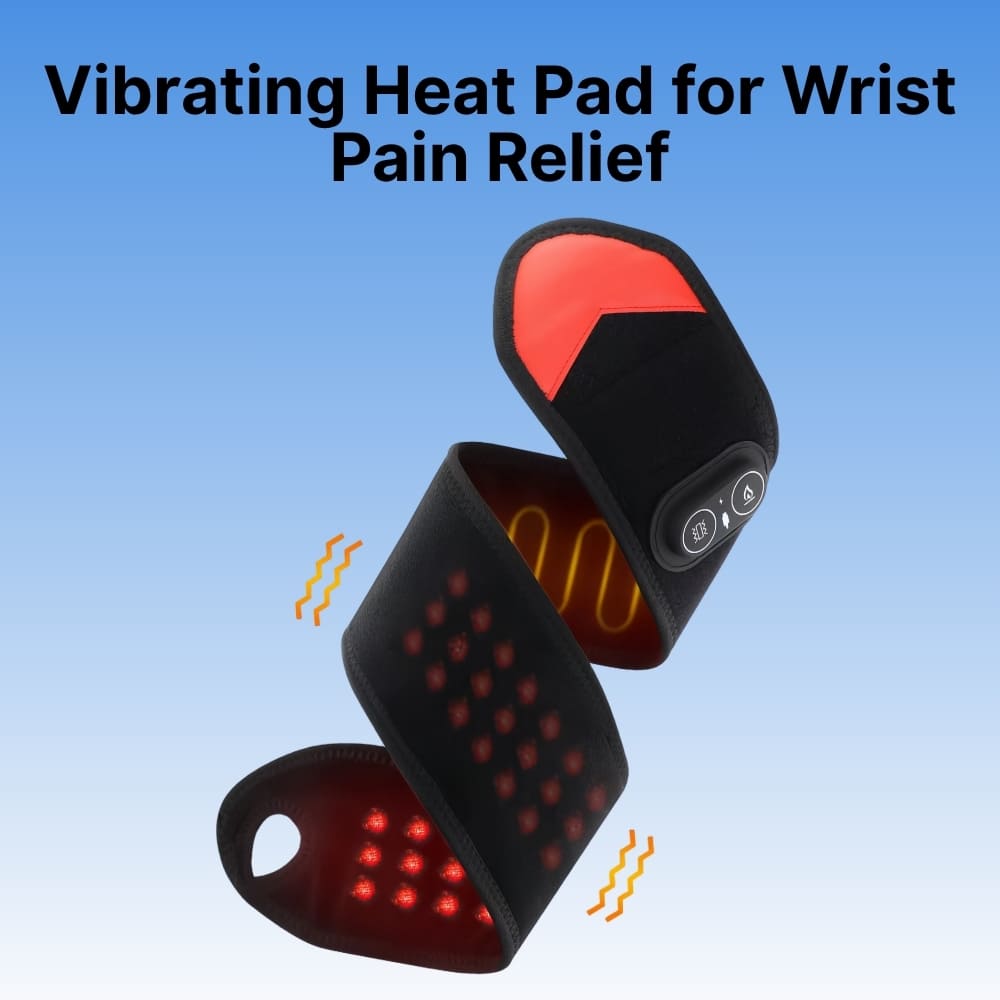 Vibrating heat pad for wrist pain relief with red and black design on a blue background