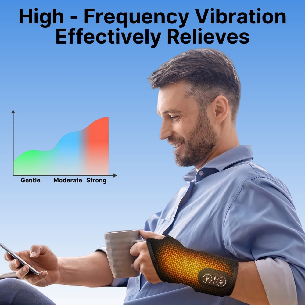Man using a handheld massager with a blue background and vibration intensity graph.