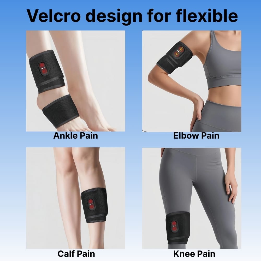 Black elastic bandages for ankle, elbow, calf, and knee pain on a blue background with text 'Velcro design for flexible'.