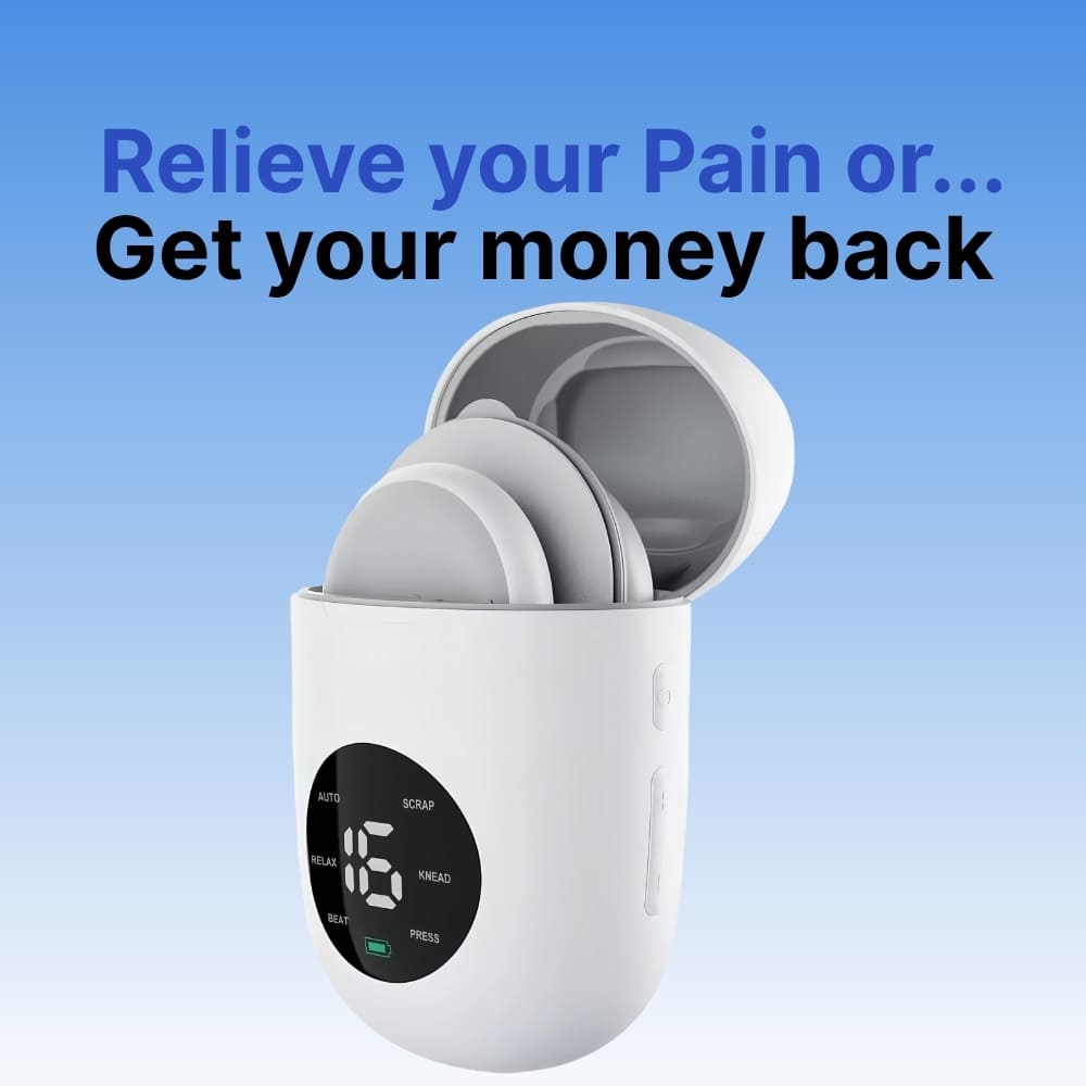White electronic device with digital display on a blue background, accompanied by text.