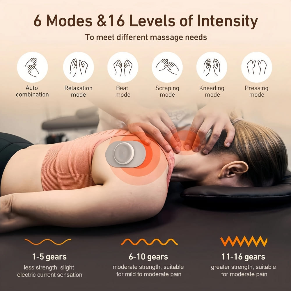 Massage device with text on intensity levels and modes