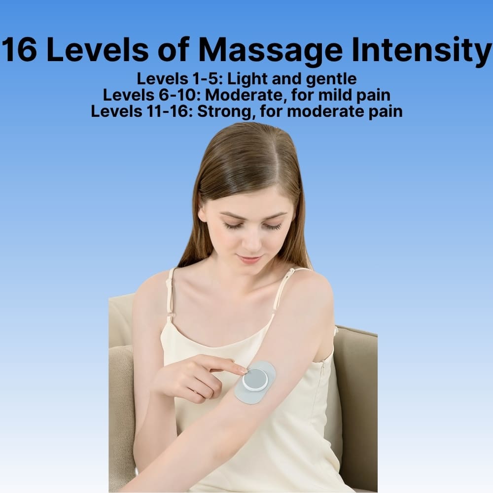 Woman applying a patch on her arm with text about massage intensity levels.