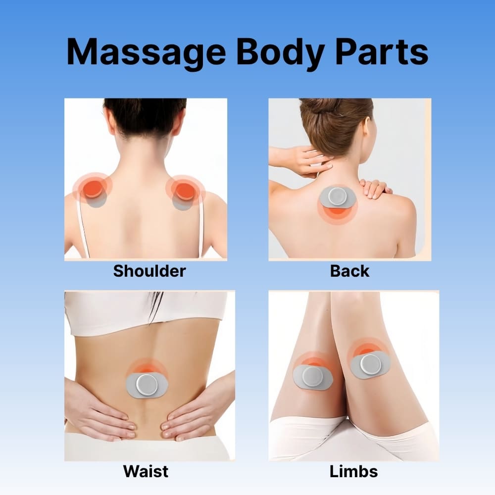 Illustrations of massage points on shoulder, back, waist, and limbs with text labels.