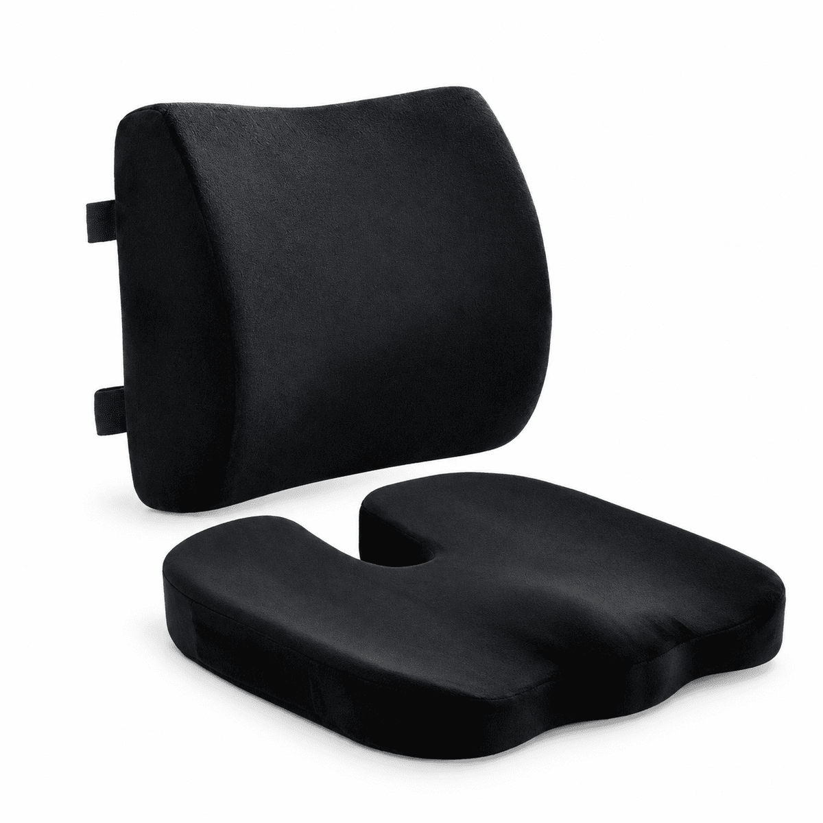 A black ergonomic lumbar support seat cushion shown with its matching curved backrest pillow on a clean white background.
